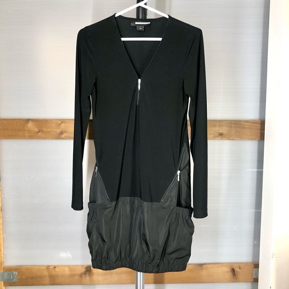 Anatomie Black Mixed Media Zip Front Bubble Hem Long Sleeve Travel Mini Dress‎ S